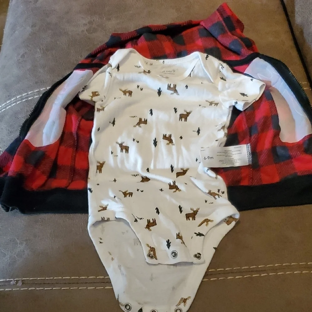 Red Plaid Baby Hoodie with Deer Onesie